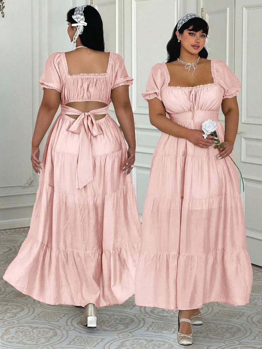 Lyrianda Plus Size French Ruffle Bow Tie Waist Spring/Summer Regular Dress Tea Party Dusty Pink Cottagecore Cute Comfy - Pink - View 1