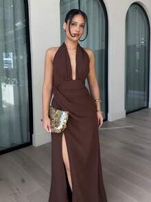LHSEPT 女式深 V 领露背连衣裙，配垂坠腰带，A 字型飘逸雪纺婚礼派对度假夏装 - 棕色 - 查看 3
