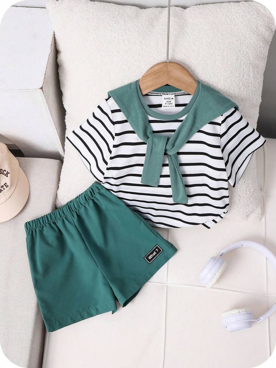 SHEIN Bộ 3 món cho bé trai/bé gái mùa hè, gồm áo ngắn tay kẻ sọc dễ thương, quần short cạp chun và khăn choàng, thích hợp cho tiệc sinh nhật, tiệc tối, biểu diễn, đám cưới, tiệc mừng em bé chào đời, lễ kỷ niệm sinh nhật lần thứ nhất. - Nhiều màu - Xem 1