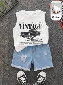 SHEIN 2 piezas Conjunto informal de verano para niño pequeño con top de tirantes con gráfico de coche y pantalones cortos de mezclilla - Multicolor - Ver 1