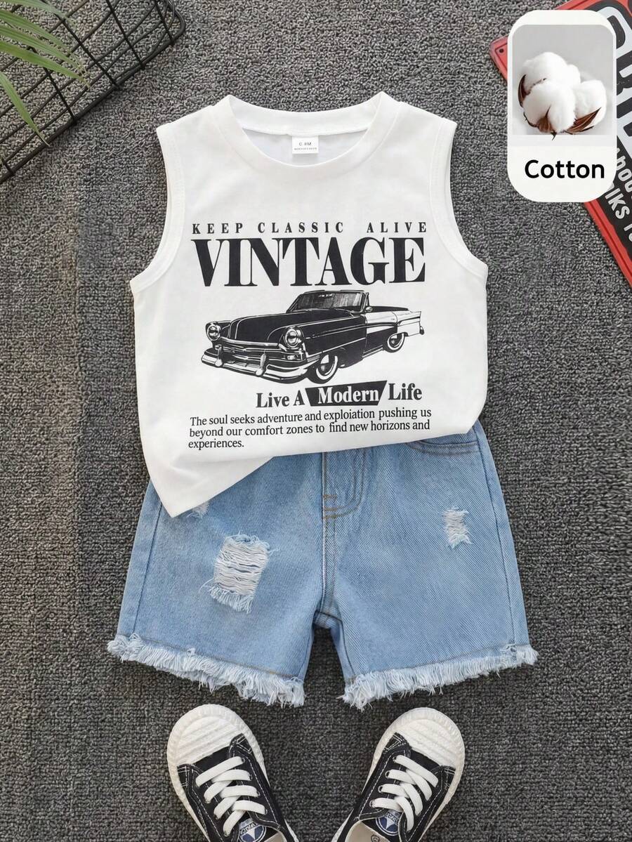 SHEIN 2 piezas Conjunto informal de verano para niño pequeño con top de tirantes con gráfico de coche y pantalones cortos de mezclilla - Multicolor - Ver 1