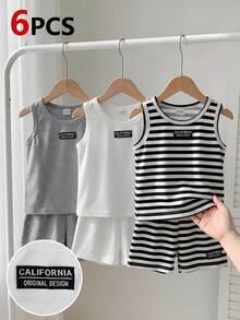 SHEIN Playful Pals Bộ quần áo mùa hè 6 món cho bé trai, gồm 3 màu: đen, trắng, áo vest kẻ sọc và quần short, thoải mái, giản dị, đa năng, phù hợp mặc hàng ngày. - màu đen - Xem 3