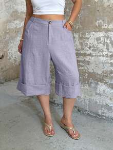 POPSWAY Elegant Fashion Design Cuffed Hem 3/4 Pants, High Waist Wide Leg Loose Slimming Versatile Casual Pants For Spring, Summer Beach Vacation Light Purple - Dusty Purple - View 4