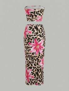 SHEIN Tween Girl Slim Fit Casual Minimalist Comfortable Tie-Dye Floral Pattern Tank Top & Bodycon Skirt Set Tween Girl - Multicolor - View 3