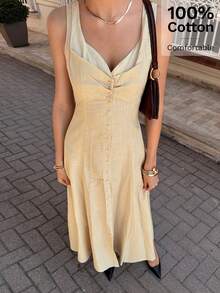 Siren Gaze Summer Elegant Pastal Dress For Women, Sleeveless V Neck Button Front Ruched Bust A-Line Maxi Dress, Holiday Brunch Golf Wedding Guest Outfits - Apricot - View 7