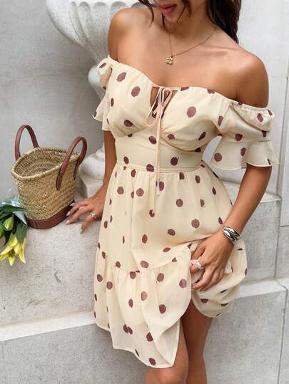 Serisse Women's Polka Dot Print Off-Shoulder Short Dress, Summer Fashion