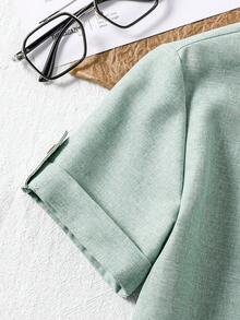 SHEIN 男童纯色休闲立领短袖衬衫 - 薄荷绿 - 綠色 - 查看 5