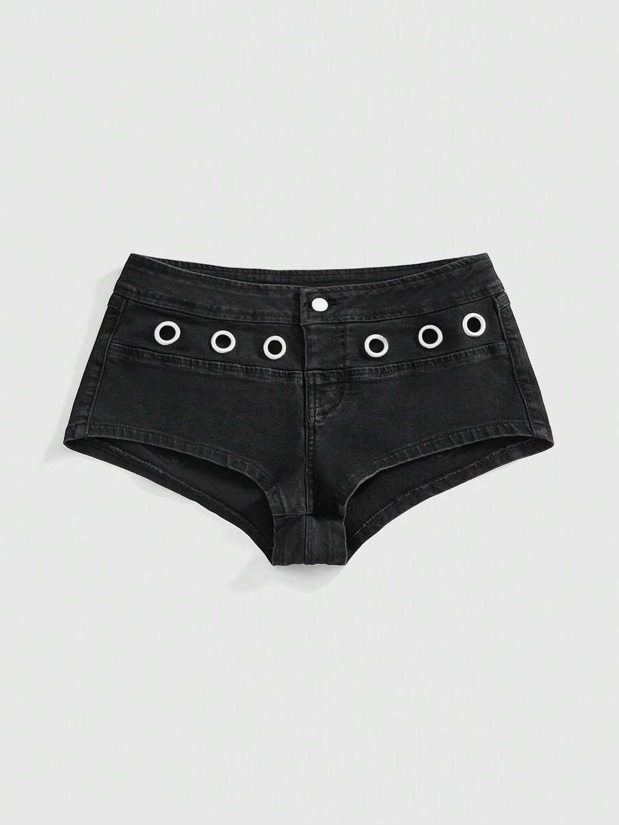 ROMWE J-Fashion Y2K复古超低腰超短迷彩金属扣眼装饰女式牛仔短裤 - 黑色 - 查看 1