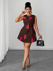 Maweii 2026 Neues Damen Sommer Große Größen Set mit Polka Dot Muster, bestehend aus Rundhals Knopfbluse ohne Ärmel und elastischer Taille plissiertem A-Linien Rock - Kaffeebraun - Übersicht 5