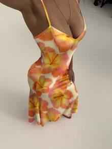Aloruh Summer Vacation Spaghetti Strap Tie-Up Bodycon Orange Hibiscus Print Dress, Suitable For Beach, Music Festival,Summer Dresses Women - Multicolor - View 6