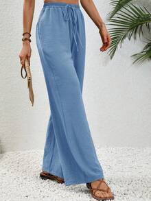SHEIN Tall Quần kaki nữ kiểu dáng thường ngày, thoải mái, cạp chun, dây rút, ống đứng. - Rửa trung bình - Xem 4