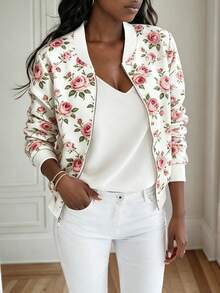 Chaqueta con cremallera con estampado floral casual para mujer - Multicolor - Ver 3