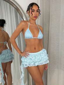 Glamine 3件套女士性感提花V领挂脖比基尼上衣、三角泳裤、荷叶边裙摆泳装套装，夏季 - 淺藍色 - 查看 4