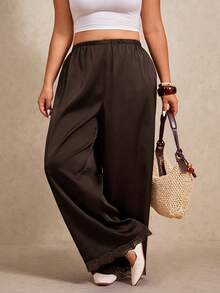 SHEIN Elaquor 大码休闲弹力腰撞色蕾丝裤 - 棕色 - 查看 1