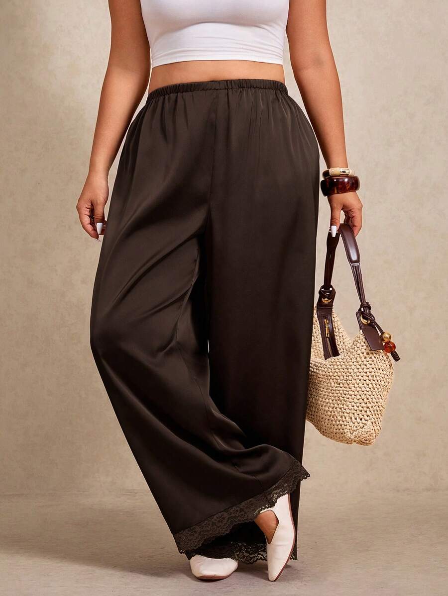 SHEIN Elaquor 大码休闲弹力腰撞色蕾丝裤 - 棕色 - 查看 1