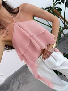 Aloruh Women's Solid Color Halter Neck Sleeveless Ruffle Hem Fashionable Blouse For Summer,Summer Top - Baby Pink - View 6