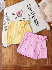 SHEIN LMoss Kids Young Girl Bow Embroidered Wrap Casual Shorts For Summer - Multicolor - View 8