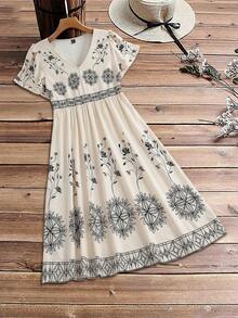 EMERY ROSE Plus Size Elegant Floral Print V-Neck Short Sleeve Dress, Suitable For Summer Vacation - Apricot - View 2