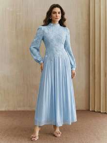 Anewsta Elegant Spring/Summer Long Sleeve Pink Chiffon Dress With Sequin Embroidery And Graceful Pleats For Women - Blue - View 6
