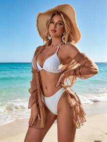 Swim Vcay Summer Beach Shirred Button Front Kimono - Mocha Brown - View 3