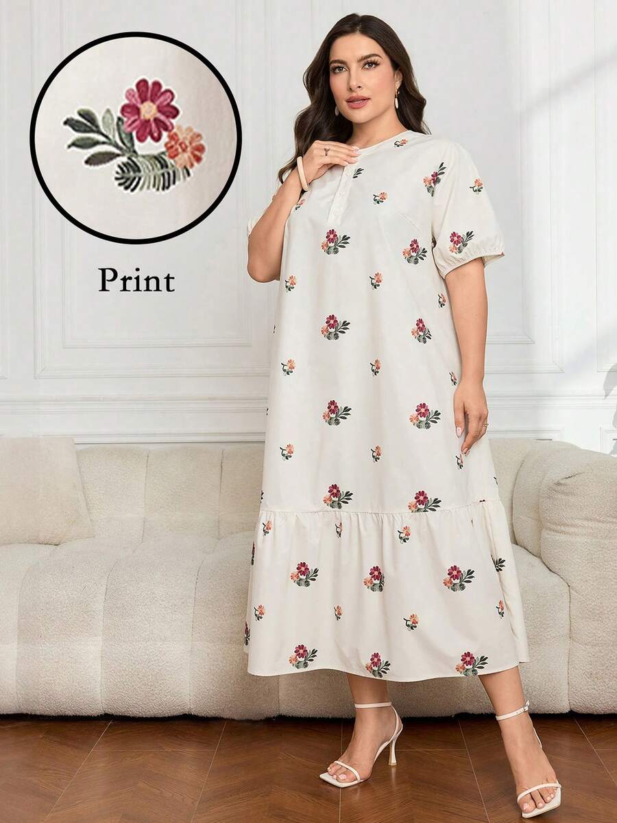 Modelyn 大码花卉印花荷叶边下摆罩衫连衣裙,适合度假,非常适合海滩/休闲/度假/家居服 - 彩色 - 查看 1