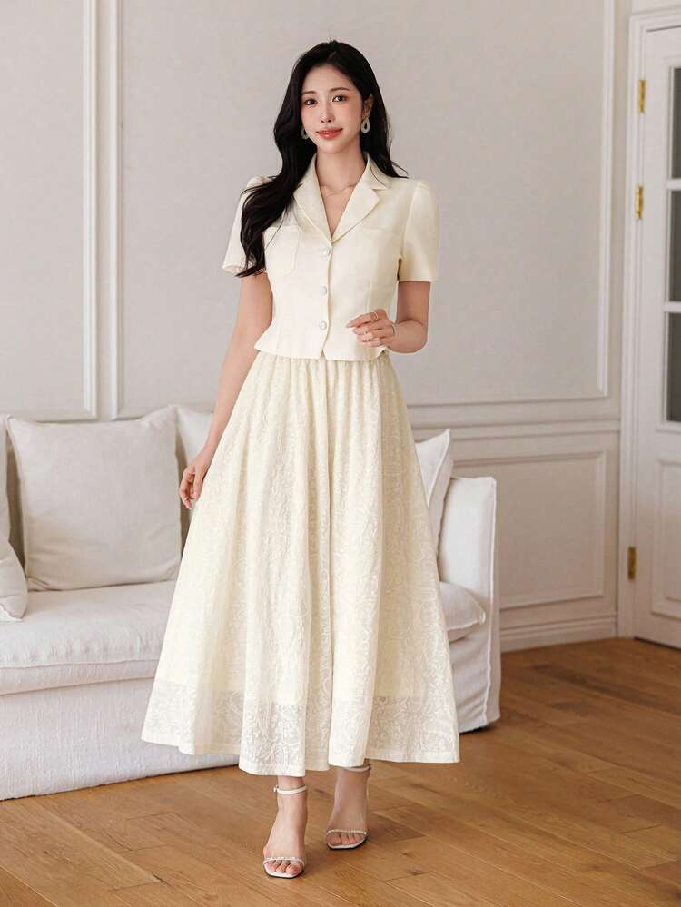 Spring & Summer Elegant Short Sleeve Top And High Waist Embroidered Skirt 2 Pieces Set For Women
