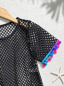 SHEIN Tween Girls' Mesh Short Sleeve Coverup - Black - View 3