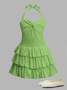SHEIN Đầm ngắn mùa hè cho bé gái tuổi teen, kiểu dáng suông, có phần ngực nhún chun, cổ buộc dây, nơ và xếp tầng, có thể mặc trong hoặc ngoài, đầm hè, màu trắng trơn. - màu xanh lá - Xem 7