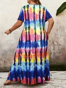 SHEIN CURVE+ 大码女式彩色印花短袖方领连衣裙，沙滩度假连衣裙，修身设计，Hoho Vacationbeach 女士套装/沙滩连衣裙/沙滩度假套装/沙滩必备/毕业礼服/下午茶礼服 - 彩色 - 查看 2