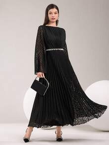 Modelyn Women Elegant Ruffle Trim Flare Sleeve Long Dress - Black - View 8