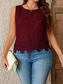 Nubod Blus Bordir Tanpa Lengan Leher Bulat untuk Wanita Ukuran Plus - Burgundy - View 1