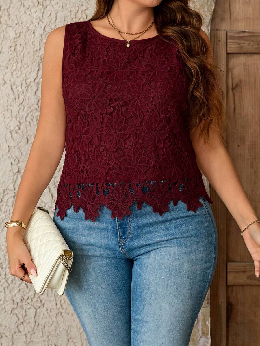 Nubod Blus Bordir Tanpa Lengan Leher Bulat untuk Wanita Ukuran Plus - Burgundy - View 1