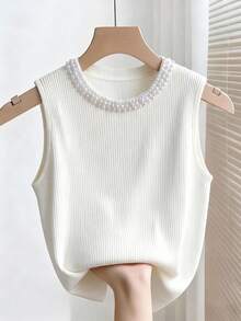 Franclia 女士白色罗纹面料珍珠领装饰无袖休闲日常通勤外出下午茶约会上衣背心 - 白色 - 查看 2