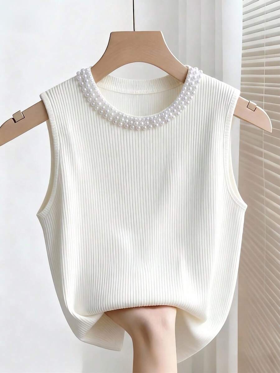 Franclia 女士白色罗纹面料珍珠领装饰无袖休闲日常通勤外出下午茶约会上衣背心