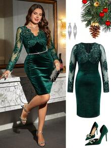 SHEIN Clasi Plus Size Elegant Party Mesh Embroidered Velvet Patchwork Fitted Dress, Suitable For Gatherings Winter Clothes Women Christmas Fall Fashion 2026 - Dark Green - View 11