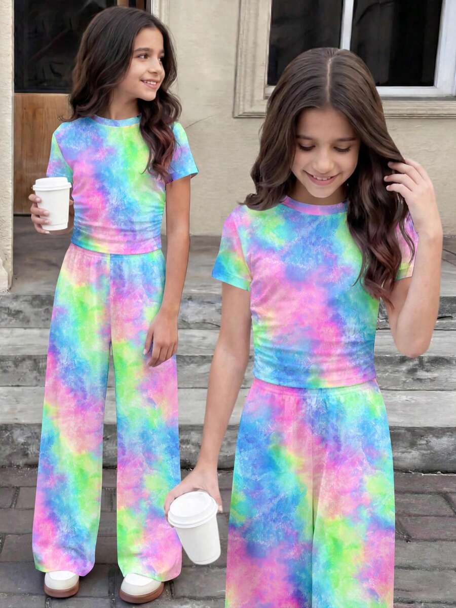 2件組青少年女孩紮染印花T恤與長褲,粉色與綠色,夏季休閒,Pride Month 必備,Cottagecore Y2K 可愛風夏季外出穿搭 - 彩色 - 查看 1