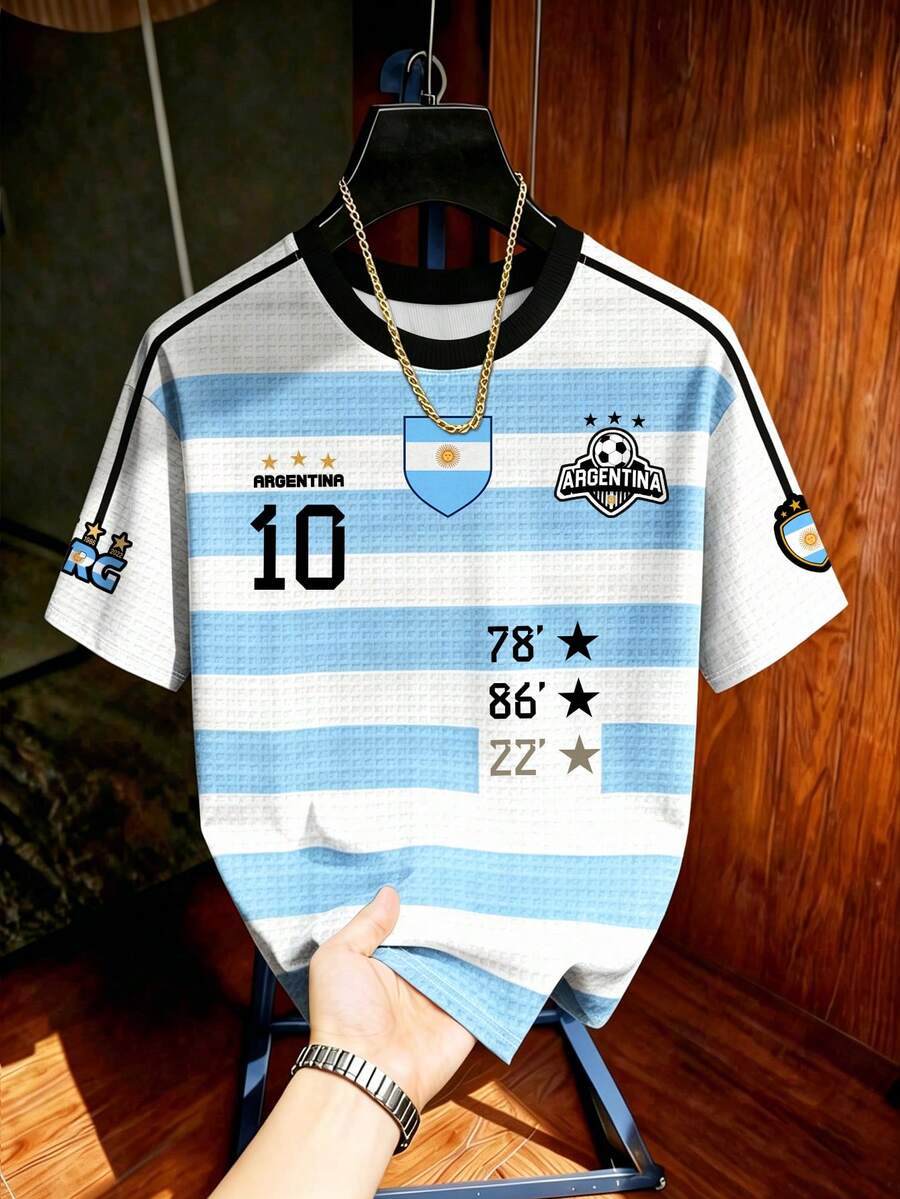 Aesthetic Post 男士复古运动风蓝白条纹撞色休闲球衣，阿根廷街头时尚图案T恤，圆领短袖，男女夏季休闲衬衫，足球/运动服饰 - 白色 - 查看 1