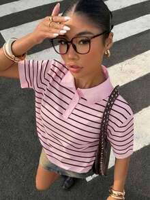 Muchica 女款休閒條紋 Polo 領短袖針織上衣，春假適合女士戶外穿著，可愛學院風可愛上衣 - 彩色 - 查看 6