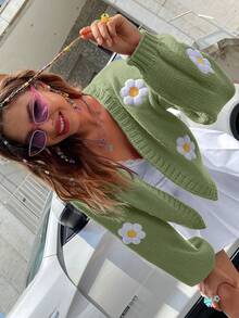 Chiquease Fashionable Casual Niche Colorful Short Dopamine Flower Embroidered 3D Knit Cardigan, Suitable For Spring, Autumn And Winter - Lime Green - View 3