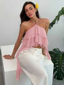 Aloruh Women's Solid Color Halter Neck Sleeveless Ruffle Hem Fashionable Blouse For Summer,Summer Top - Baby Pink - View 5