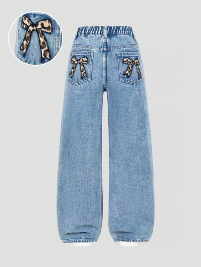 SHEIN ChillGRL Girls' Casual Loose Fit Flare Leg Jeans, Mid-Blue Denim Color, Leopard Print & Bow Embroidery, Elastic Waist, Versatile For Daily Wear, Outings, Parties, School, Commute, Vacation