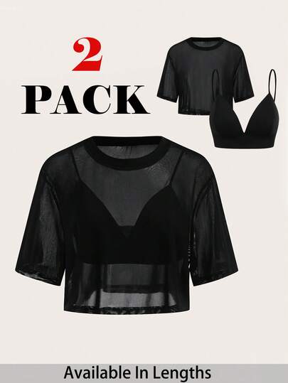 SHEIN PETITE CURVE Plus Size Women's 2-Piece Set: Casual Solid Color Cropped Camisole And Round Neck Loose Cropped Sheer Mesh Short Sleeve Top, Summer