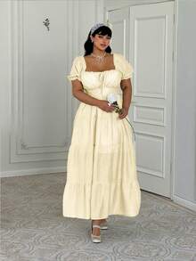 Lyrianda Plus Size French Ruffle Bow Tie Waist Spring/Summer Regular Dress Tea Party Vacation White Cottagecore - Apricot - View 3