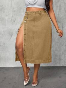 Slaydiva Bộ trang phục cao bồi cho nữ cỡ lớn, váy denim xanh xẻ cao gợi cảm, trang phục mùa thu cho nữ. - Màu Khaki - Xem 3