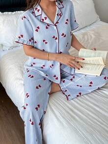 Napfluff 女士粉色短袖爱心条纹领上衣和裤子套装，情人节睡衣套装，夏季舒适优雅细节 - 彩色 - 查看 3