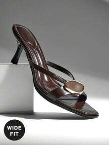 SHUZIA Women's Wide-Fit Minimalist Comfortable Round Toe Gold Ornament Kitten Heel Thong Sandals - Coffee Brown - View 1