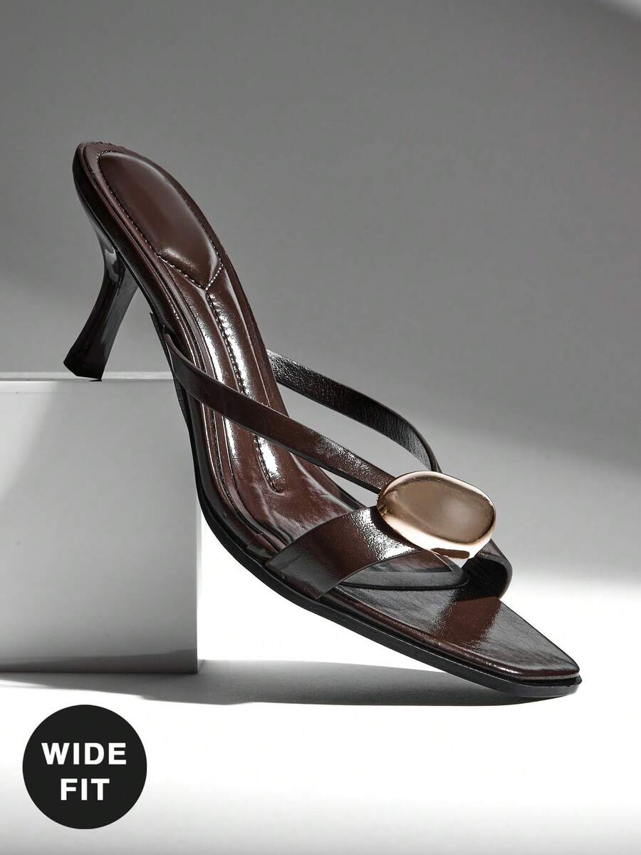 SHUZIA Women's Wide-Fit Minimalist Comfortable Round Toe Gold Ornament Kitten Heel Thong Sandals - Coffee Brown - View 1