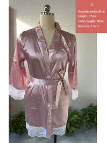 Patchwork Lace Trimmed Elegant Belted Robe - Pink - View 10