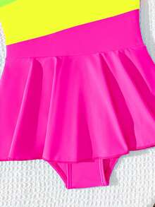 Traje de baño de una pieza con cuello redondo y bloques de color para niña - Rosa Fucsia - Ver 5