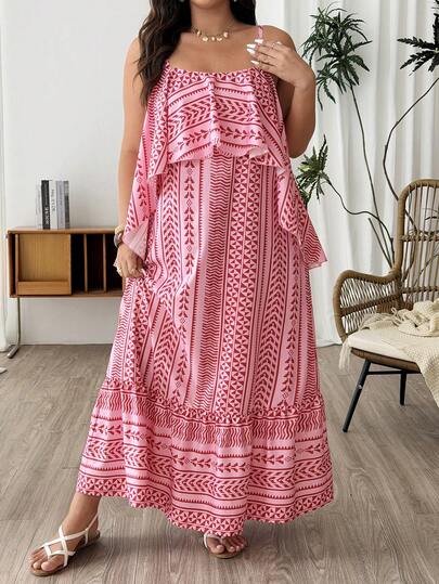 Lacomfia Plus Size All-Over Print Ruffle Hem Cami Dress